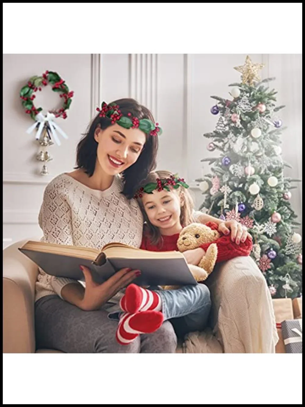 2 Pack Adjustable Christmas Berry Headband Hair Crown Ribbon Wrap